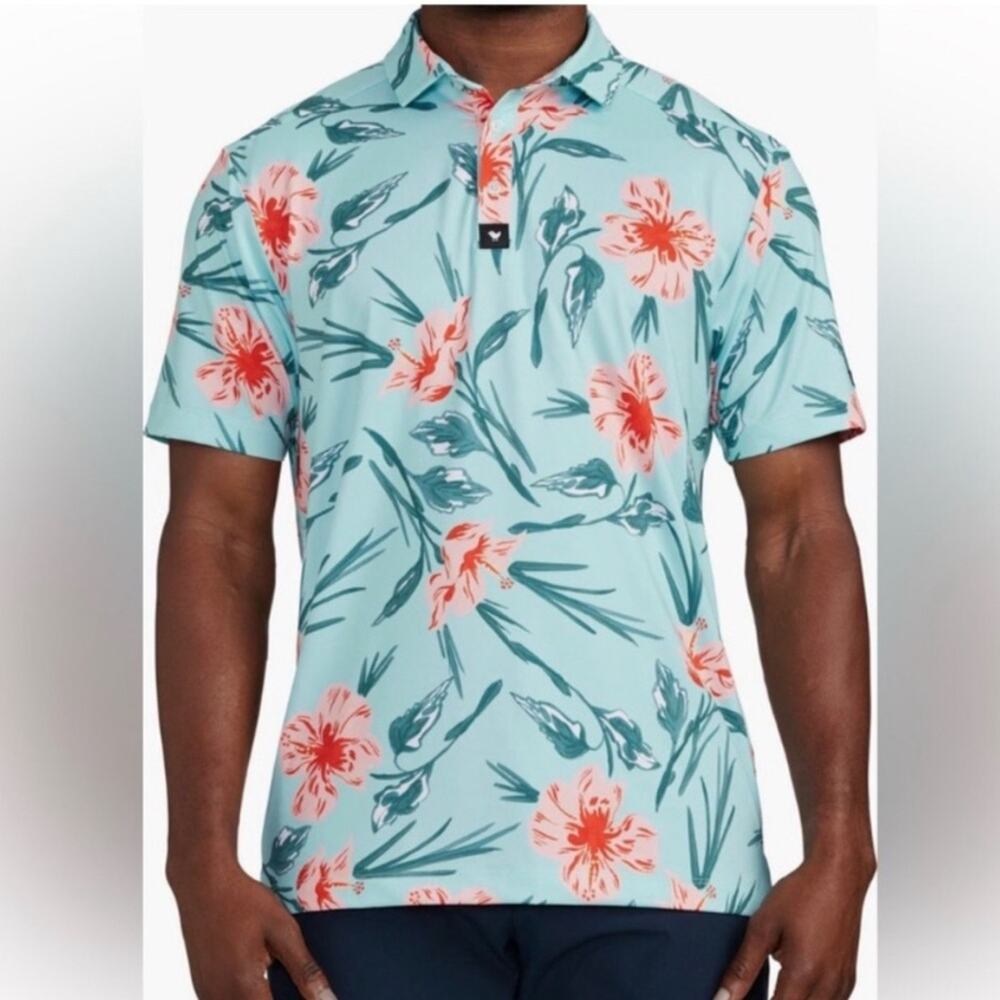 Bad Birdie Never Lei Up Golf Polo Shirt Mens Medium Blue Tropical Floral Preppy